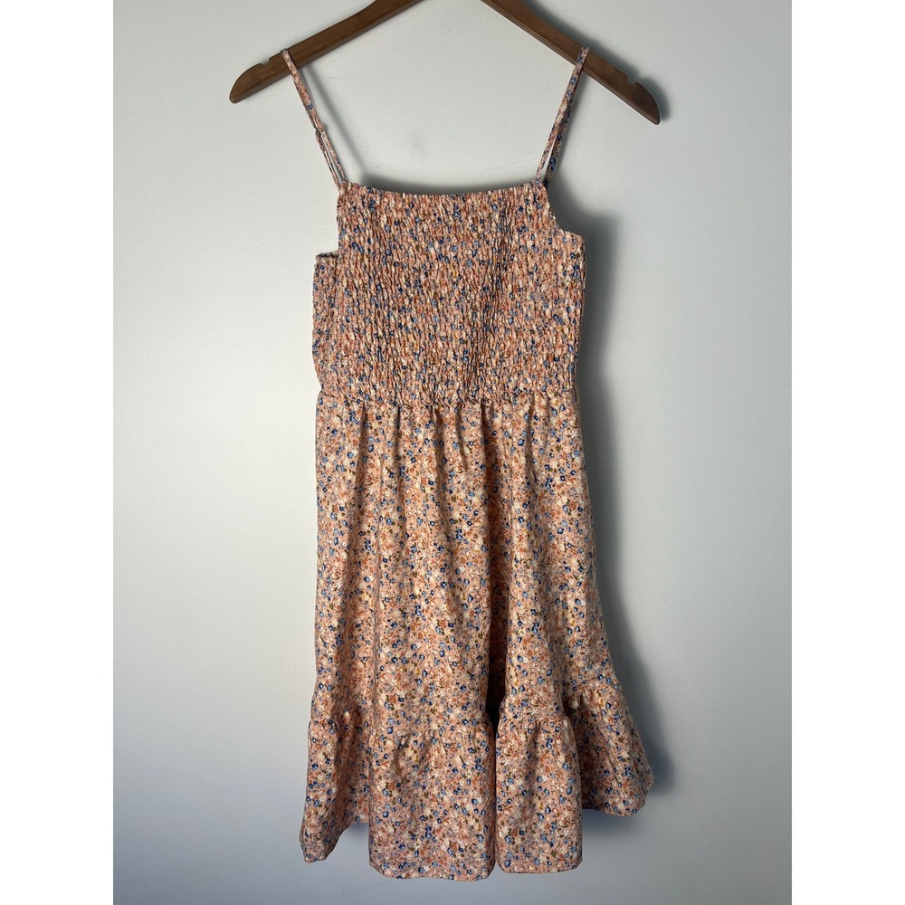 Cottagecore Mini Dress Wm M Peach Floral Smocked Ruffle Spaghetti Strap Feminine